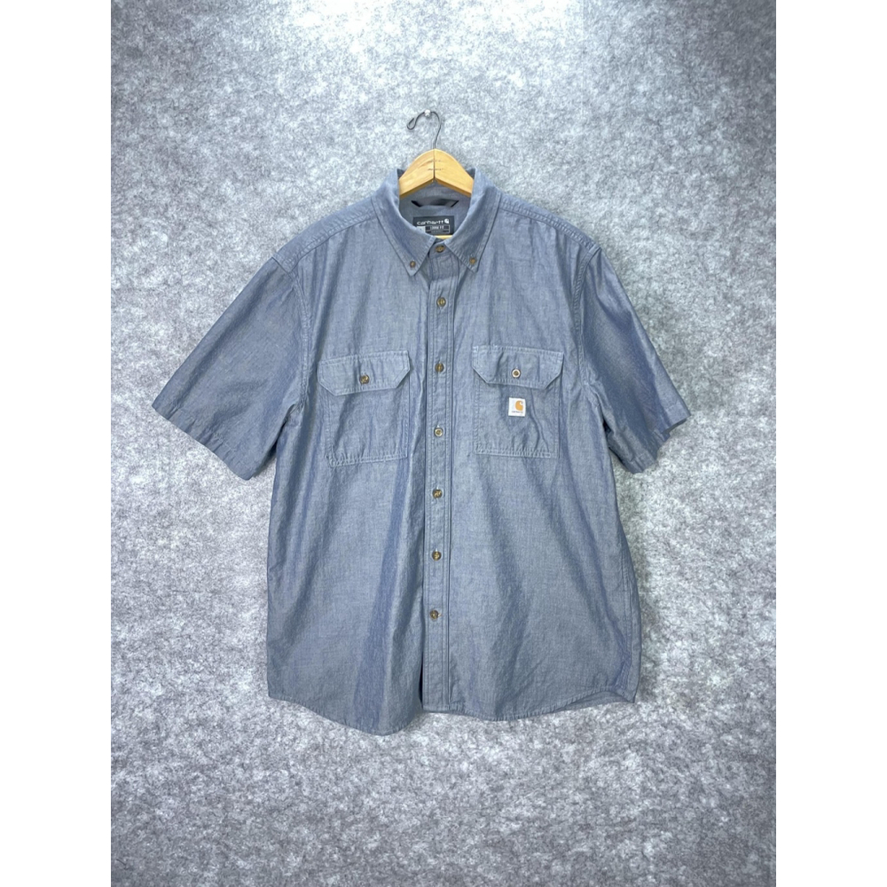 Carhartt Shirt Mens Large Blue Loose Fit Short Sleeve Button Down Workwear